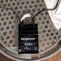 Balenciaga Shopping Phone Holder Crocodile Embossed Calfskin In Black