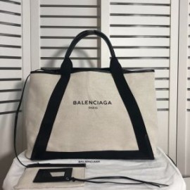 Balenciaga Large Navy Cabas Canvas In Beige