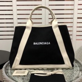 Balenciaga Large Navy Cabas Canvas In BlackWhite