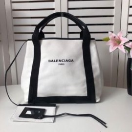 Balenciaga Medium Navy Cabas Canvas In White