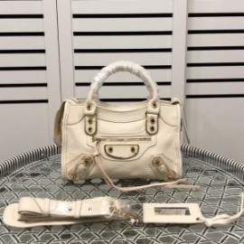 Balenciaga Mini Classic City Shoulder Bag Metallic Edge Goatskin In White