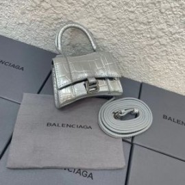 Balenciaga Mini Hourglass Handbag Crocodile Embossed Leather In Silver