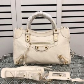 Balenciaga Small Classic City Shoulder Bag Metallic Edge Goatskin In White