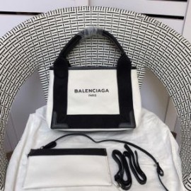 Balenciaga XS Navy Cabas Canvas In White